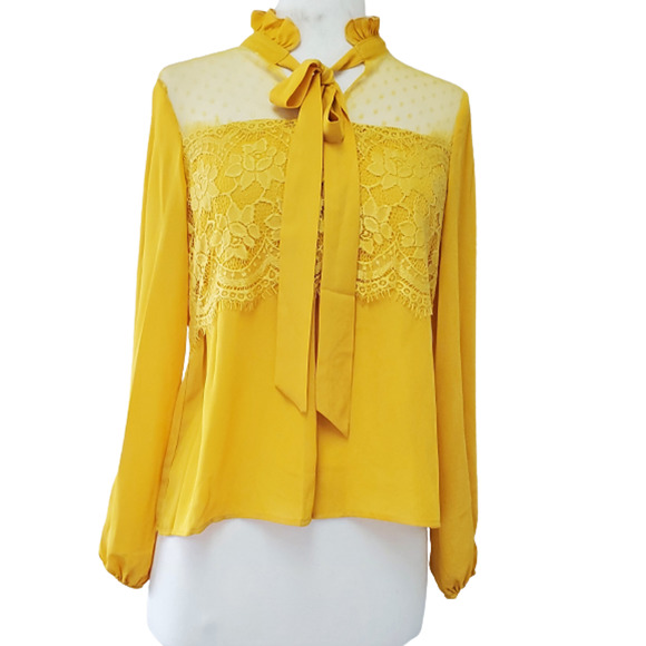 Shein Women Yellow Floral Long Sleeve Tie Neck Mesh Blouse Top Size XS - Picture 1 of 8
